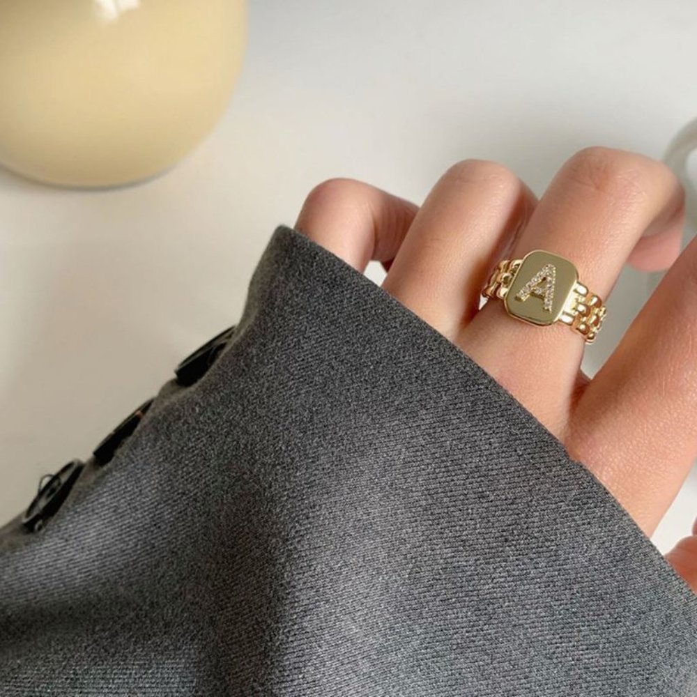 Letter A 18K Gold Plated Watchband Zircon Adjustable Ring - Picture 5 of 5